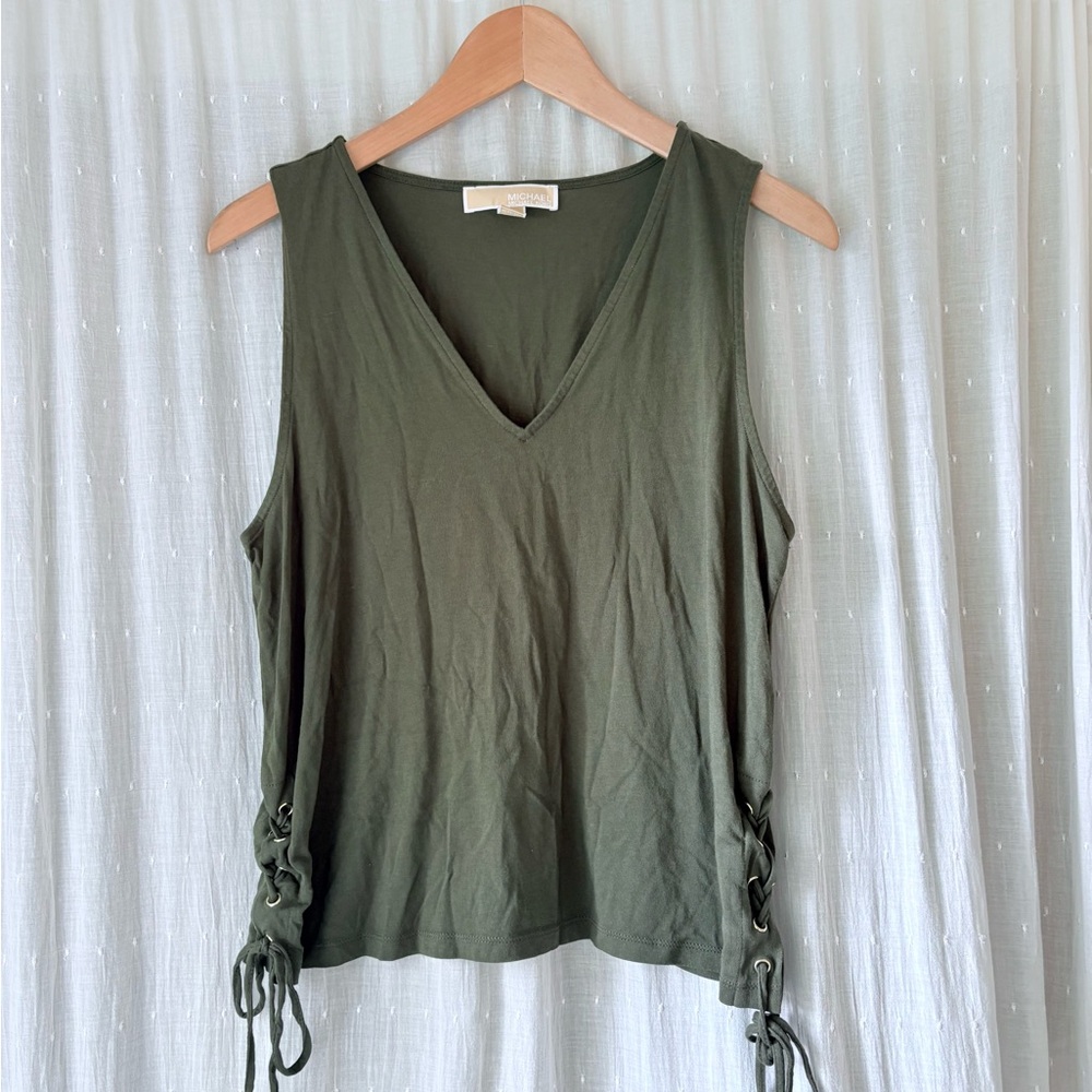 Michael Kors Olive Green V-Neck Tank with Side Lace-Up